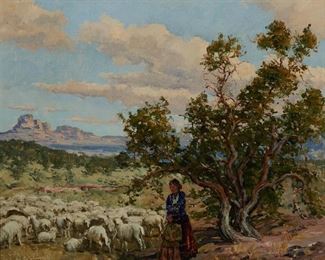 1004
William S Darling
1882-1963, Laguna Beach, CA
"Navajo Country"
Oil on canvas laid to board
Signed lower left: W. Darling, signed again and titled on a partial artist's label affixed verso
20" H x 24" W
Estimate: $700 - $900