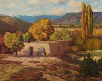 1006
Attributed To Gustave Cimotti, Jr.
1875-1969, New York, NY
Adobe House With Figures
Oil on canvasboard
Unsigned
12" H x 16" W
Estimate: $500 - $700