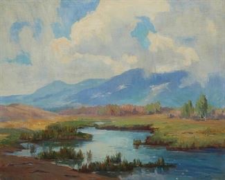 1007
Lillias Waddell
1888-1947, California
"A Storm Over The Inyos"
Oil on canvas
Signed lower left: Lillias Waddell, signed again verso, titled on a partial gallery label affixed to the frame verso
24" H x 30" W
Estimate: $300 - $500