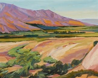 1008
Raymond Cuevas
b. 1932, Los Angeles, CA
"Santa Clara Riverbed, Santa Paula"
Oil on canvasboard
Signed lower left: Ray Cuevas, signed again and titled on a gum label affixed verso
12" H x 16" W
Estimate: $400 - $600