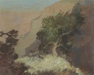 1009
DeWitt Parshall NA
1864-1956, Santa Barbara, CA
"Cedar Tree, GD. Canyon"
Oil on board
Unsigned, titled and inscribed verso: "This painting, unsigned, was to my certain knowledge, executed by my father DeWitt Parshall n.a., Douglass Parshall a.n."
10.75" H x 13" W
Estimate: $1,000 - $1,500