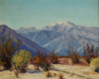 1012
Rose Schneider
1895-1976, San Diego, CA
Snow Capped Mountains In A Desert Landscape
Oil on canvasboard
Signed lower right: Rose Schneider
20" H x 24' W
Estimate: $1,000 - $1,500