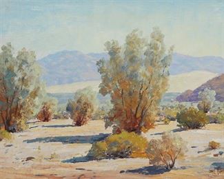 1011
Paul Grimm
1891-1974, Palm Springs, CA
"Smoke Trees"
Oil on board
Signed lower right: Paul Grimm, titled on a card affixed to the backing board
12" H x 16" W
Estimate: $700 - $900