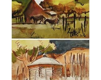 1016
Milford Zornes NA
1908-2008, Claremont, CA
"Canyon De Chelly," 1989 And "Ranch At The Cuyama," 2006 (Two Works)
Each: Watercolor on paper under glass
Each: Signed and dated lower right: Zornes, titled lower right and on the backing paper
Sight of largest: 10.5" H X 13.5" W
Estimate: $500 - $700