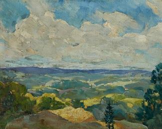 1021
Clouds Over A Rolling Hills Landscape
1927, California School
Oil on canvas laid to board
Initialed and dated lower left: R.A.L.
16" H x 20" W
Estimate: $800 - $1,200