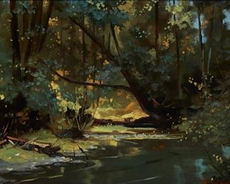 1030
Robert Earle Wood
1926-1999, Redlands, CA
"Goldstream, " Stream Through A Forest Landscape
Oil on panel
Signed lower right: Robert E. Wood, titled and numbered verso: #781
20" H x 30" W
Estimate: $800 - $1,200