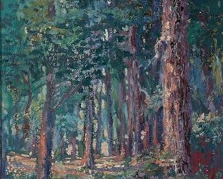 1028
Walter Barron Currier
1879-1934, Santa Monica, CA
"Fairy Woods," 1928
Oil on canvasboard
Signed and dated lower right: Walter Barron Currier, titled on an artist's label affixed verso
15.25" H x 12" W
Estimate: $800 - $1,200