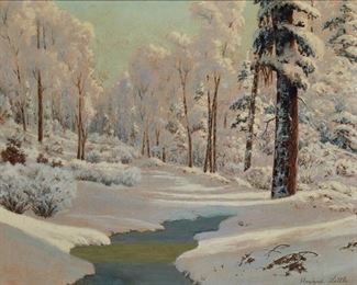 1034
Howard Little
1883-1965, Chula Vista, CA
"Winter," 1937
Oil on board
Signed lower right: Howard Little, titled, dated and numbered verso: Mar. 1937 / 104
16" H x 20" W
Estimate: $700 - $900