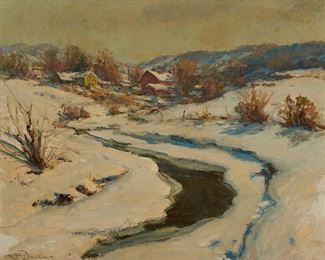 1035
William S. Darling
1882-1963, Laguna Beach, CA
"December Morn," River In A Winter Landscape
Oil on canvas laid to board
Signed lower left: W. Darling, titled on an artist's label affixed verso
23" H x 28" W
Estimate: $800 - $1,200