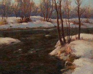 1036
Henry L. Richter
1870-1960, Rolling Hills, CA
"Snow Bound Stream"
Oil on canvas
Signed lower left: Henry L. Richter, titled on the stretcher
20" H x 24" W
Estimate: $2,000 - $3,000
