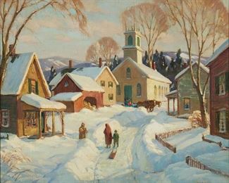 1037
Leo B. Blake
1887-1976, Berkshire, MA
Winter Village Scene
Oil on canvas
Signed lower right: Leo B. Blake
30" H x 36" W
Estimate: $800 - $1,200