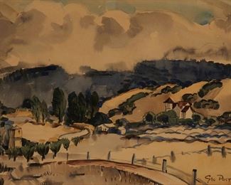 1038
George Post AWS
1906-1997, San Francisco, CA
"Fog Over Menlo HIlls," 1936
Watercolor on paper under glass
Signed and dated lower right: Geo. Post / 36
Sight: 16.5" H x 22" W
Estimate: $800 - $1,200