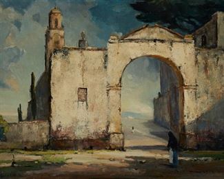 1039
Orrin A. White
1883-1969, Pasadena, CA
"Mission Gates"
Oil on masonite
Signed lower left: Orrin A. White, titled on the frame plaque
18" H x 24" W
Estimate: $1,500 - $2,000