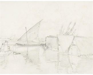 1041
Arthur Grover Rider
1886-1975, Pasadena, CA
Figures And Boats In A Spanish Village, 1923
Pencil on paper under glass
Signed with the estate stamp on the backing paper: A.G. Rider, estate stamped and inscribed on the backing paper: "This is an original pencil sketch done by Arthur G. Rider - done in Spain c. 1923. Robert M. Bethea, stepson of Arthur G. Rider"
Sight: 7.5" H x 10" W
Estimate: $400 - $600