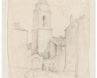 1042
Arthur Grover Rider
1886-1975, Pasadena, CA
Mission Scene
Pencil on paper under glass
Signed lower right: A.G. Rider
8" H x 7" W
Estimate: $400 - $600