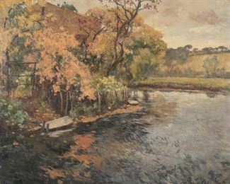 1044
Frederic Charles Vipond Ede
1865-1943, American
House And River In A Forest Landscape, 1926
Oil on canvas
Signed and dated lower right: Frederic Ede
21.5" H x 25.5" W
Estimate: $600 - $800