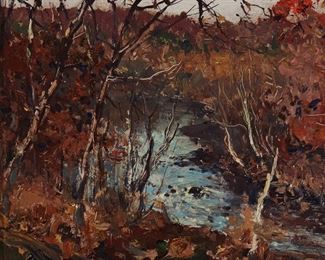 1043
Franklin DeHaven
1856-1934, New York, NY
Autumn Scene
Oil on board
Signed lower left: DeHaven N.A., signed again verso
9" H x 10" W
Estimate: $600 - $800