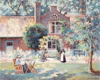 1051
Woman Sewing In Front Of Her Home
20th Century American School
Oil on canvas
Signed indistinctly lower right
20" H x 24" W
Estimate: $250 - $350