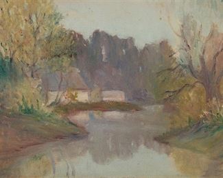 1048
Selden Connor Gile
1877-1947, American
"Russian River," 1919
Oil on canvasboard
Signed lower left: Gile, titled and dated in pencil verso
12" H x 15.5" W
Estimate: $3,000 - $5,000