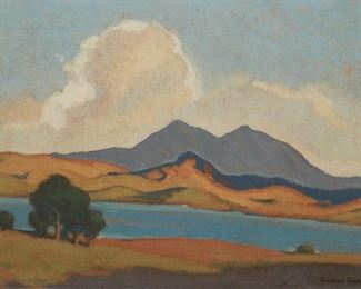 1049
Douglass Fraser
1883-1955, Vallejo, CA
"Blue Bay - Mount Diablo, California," 1945
Oil on canvasboard
Signed lower right: Douglass Fraser, titled and dated on an artist's label verso
10" H x 14" W
Estimate: $800 - $1,200