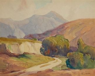 1050
Dana Bartlett
1882-1957, Los Angeles, CA
Path Through A Mountain Landscape
Watercolor on paper under glass
Signed lower right: Dana Bartlett
Sight: 15.75" H x 19.5" W
Estimate: $800 - $1,200