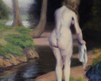 1052
Ernest Rouart
1874-1942, French
Nude Woman Bathing In A Forest Landscape, 1922
Oil on wood panel
Signed lower left: Ernest Rouart, signed again and dated verso
21.75" H x 17.5" W
Estimate: $500 - $700