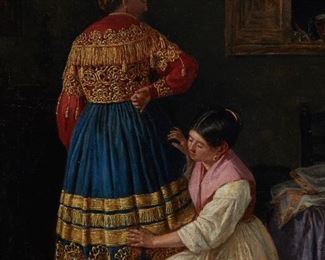 1054
"The Seamstress"
19th Century Spanish School
Oil on canvas
Appears unsigned, titled on the frame plaque
24.75" H x 18.25" W
Estimate: $1,000 - $1,500