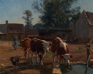 1057
Leon Barillot
1844-1929, French
Cows At The Water Trough
Oil on canvas laid to waxed canvas
Signed lower left: L. Barillot
21.5" H x 25.75" W
Estimate: $700 - $900