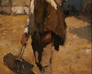 1056
Jules Pages
1867-1946, San Francisco, CA
"French Peasant"
Oil on panel
Signed lower right: Jules Pages, titled on a gum label affixed to the backing board
14.5" H x 10.5" W
Estimate: $2,000 - $3,000