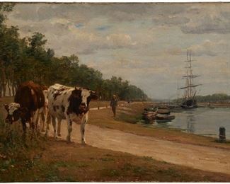 1058
Léon Barillot
1844-1929, French
Cows Along A Canal Pathway
Oil on canvas
Signed lower left: L. Barillot
15" H x 21.75" W
Estimate: $300 - $500