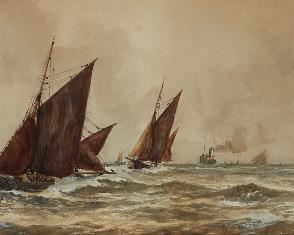 1061
William G. Whittington
1903-1958, United Kingdom
"Storm Warning Flag Ships Off The Quay"
Watercolor on paper under glass
Signed lower left: W.G. Whittington, titled by repute
Sight: 10.5" H x 30.5" W
Estimate: $400 - $600