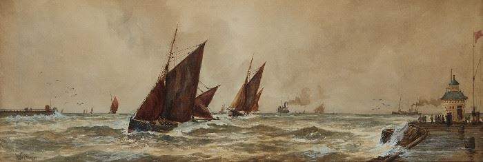 1061
William G. Whittington
1903-1958, United Kingdom
"Storm Warning Flag Ships Off The Quay"
Watercolor on paper under glass
Signed lower left: W.G. Whittington, titled by repute
Sight: 10.5" H x 30.5" W
Estimate: $400 - $600
