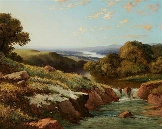 1060
Edmund John Nieman
1843-1910, United Kingdom
River Running Through A Rolling Hills Landscape, 1895
Oil on canvas laid to canvas
Signed and dated lower center: Niemann
30" H x 50" W
Estimate: $800 - $1,200