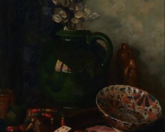 1072
Still Life With Vase, Bowl And Playing Cards
20th Century American School
Oil on canvas
Appears unsigned
24" H x 20" W
Estimate: $500 - $700