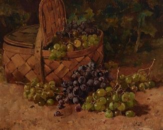 1071
Charles Arthur Fries
1854-1940, San Diego, CA
"Basket Of Grapes"
Oil on canvas
Signed lower left: C.A. Fries, titled on a gum label affixed to the backing board
17" H x 23" W
Estimate: $1,500 - $2,000