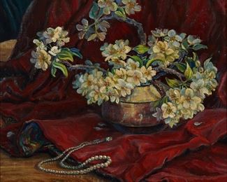 1073
Hella Broeske-Shattuck
1906-1994, New Mexico
"Pearls And Velvet," Still Life, 1950
Oil on canvas
Signed lower right: Hella, signed again, titled and dated on the backing board
16.5" H x 18.5" W
Estimate: $600 - $800