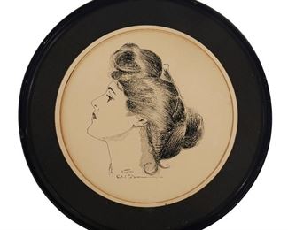 1077
Charles Dana Gibson
1867-1944, New York, NY
A "Gibson Girl" Portrait In Profile
Ink on paper under glass
Signed and inscribed lower center: C. Gibson / 4 George from
Sight: 8.5" Dia.; Sheet: 9.5" H x 8.75" W
Estimate: $500 - $700