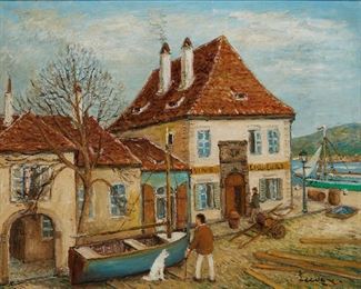 1083
Alois Lecoque
1891-1981, Los Angeles, CA
"Harbor In Brittany"
Oil on canvas
Signed lower right: Lecoque, titled on the stretcher
24" H x 30" W
Estimate: $600 - $800