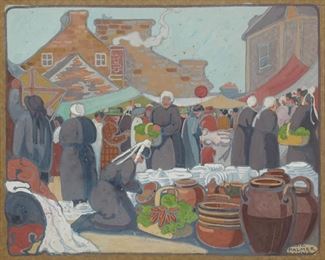 1086
Elsie Palmer Payne
1884-1971, Los Angeles, CA
"Brittany Market"
Gouache on paper under glass
Signed lower right: Elsie Palmer Payne, titled on a card affixed to the backing paper
Sight: 11.25" H x 14" W
Estimate: $800 - $1,200