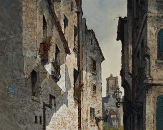 1084
Edwin Deakin
1838-1923, Berkeley, CA
"Rue Des Chantres, Paris," Circa 1878
Oil on canvas
Signed lower left: Edwin Deakin, titled on a card affixed to the backing board
30" H x 20" W
Estimate: $2,000 - $3,000