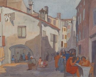 1087
Elsie Palmer Payne
1884-1971, Hollywood, CA
"Lace Makers, Chioggia"
Gouache on paper laid to card under glass
Signed lower left: Elsie Palmer Payne, titled on a gallery card tied to the wire hanger
Sight: 11" H x 14" W; Sheet: 12" H x 14.5" W
Estimate: $1,000 - $1,500