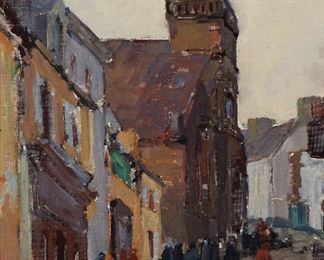 1085
George K. Brandriff
1890-1936, Laguna Beach, CA
"Douarnenez, France, Church And Street," 1929
Oil on canvasboard
Signed, dated and titled verso
14" H x 11" W
Estimate: $800 - $1,200
