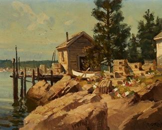 1088
Paul Strisik
1918-1998, Rockport, MA
"Lloyds Backyard," 1980
Oil on canvas laid to masonite
Signed and dated lower left: P. Strisik, and with the copyright symbol, titled and numbered on an artist's label affixed verso: 0-1291
12" H x 16" W
Estimate: $800 - $1,200