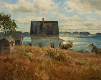 1089
Paul Strisik
1918-1998, Rockport, MA
"Along The Coast (Maine)"
Oil on linen canvas laid to masonite
Signed lower right: P. Strisik, titled and numbered on an artist's label affixed verso: 0-863
10" H x 14" W
Estimate: $800 - $1,200