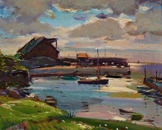1090
Antonio Cirino
1889-1983, Providence, RI
"New England Harbor"
Oil on board
Signed lower right: A. Cirino, titled on a gum label affixed to the backing board
10" H x 12" W
Estimate: $1,000 - $1,500