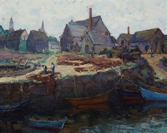 1091
Richard Kimbel
1866-1942, American
"Mending Nets"
Oil on board
Signed lower right: Richard Kimbel, signed again and titled on a label affixed verso
13" H x 16" W
Estimate: $2,000 - $3,000