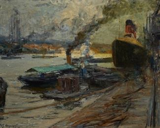 1092
Georges Dargouge
1897-1990, French
"Port Le Havre"
Oil on canvas
Signed lower left: G. Dargouge, titled on a gum label affixed to the backing board
38" H x 51.25" W
Estimate: $1,000 - $2,000