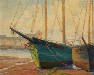 1093
Love Porter
1876-1960, Laguna Beach, CA
"Newport Harbor," Sail Boats At Low Tide
Oil on canvasboard
Signed lower left: Love Porter, titled on a gallery tag hanging from the wire
14" H x 16" W
Estimate: $500 - $700