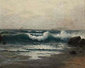 1095
Attributed To Carl Jonnevold
1856-1955, San Francisco, CA
Waves Crashing On The Shore With Ships In The Distance
Oil on canvas
Unsigned
10.25" H x 12.75" W
Estimate: $600 - $800