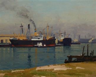 1094
Ferdinand Kaufmann
1864-1942, Los Angeles, CA
Ships In A Harbor
Oil on board
Signed lower right: F. Kaufmann
12" H x 16" W
Estimate: $1,200 - $1,800